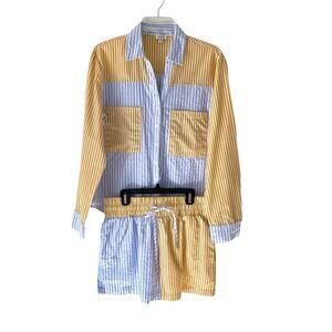 Azura Stripe Set Yellow Blue White Shorts Button Down Shirt size medium